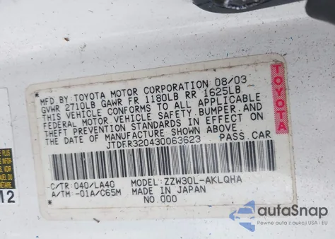 2003 Toyota Mr2 Spyder z USA, uszkodzony, nr VIN JTDFR320430063623